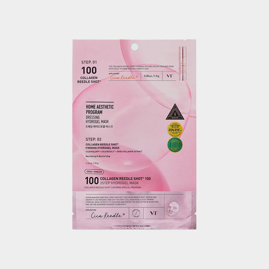 Pink hydrogel mask packaging with text on a white background VT Collagen Reedle Shot 100 2Step Hydrogel Mask asian authentic genuine original korean skincare montreal toronto calgary canada thekshop thekshop.ca natural organic vegan cruelty-free cosmetics kbeauty vancouver free shipping clean beauty routine skin makeup kpop stayz stan fandom photocard stray kids treasure ateez atiny dix30 brossard ddo royal mount st-bruno new store
