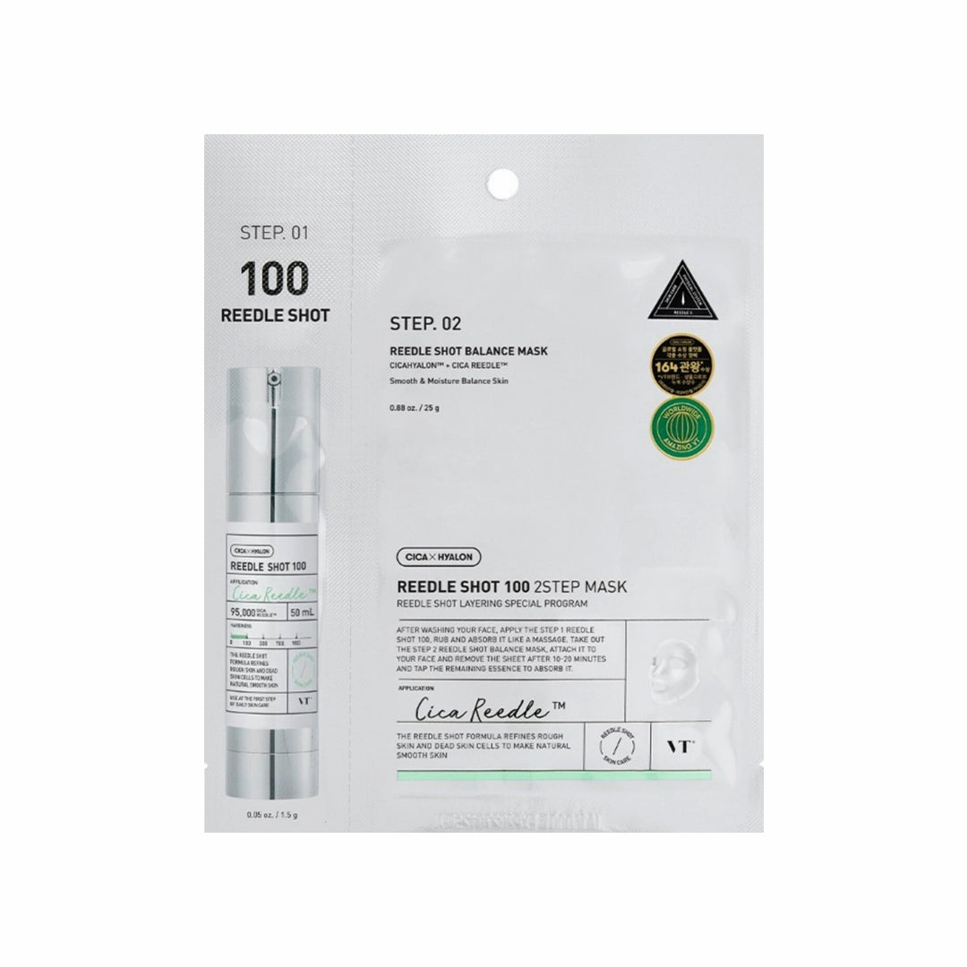 Cica Reedeel skincare product packaging with serum and mask on a white background VT Reedle Shot 100 2 Step Mask asian authentic genuine original korean skincare montreal toronto calgary canada thekshop thekshop.ca natural organic vegan cruelty-free cosmetics kbeauty vancouver free shipping clean beauty routine skin makeup kpop stayz stan fandom photocard stray kids treasure ateez atiny dix30 brossard ddo royal mount st-bruno new store