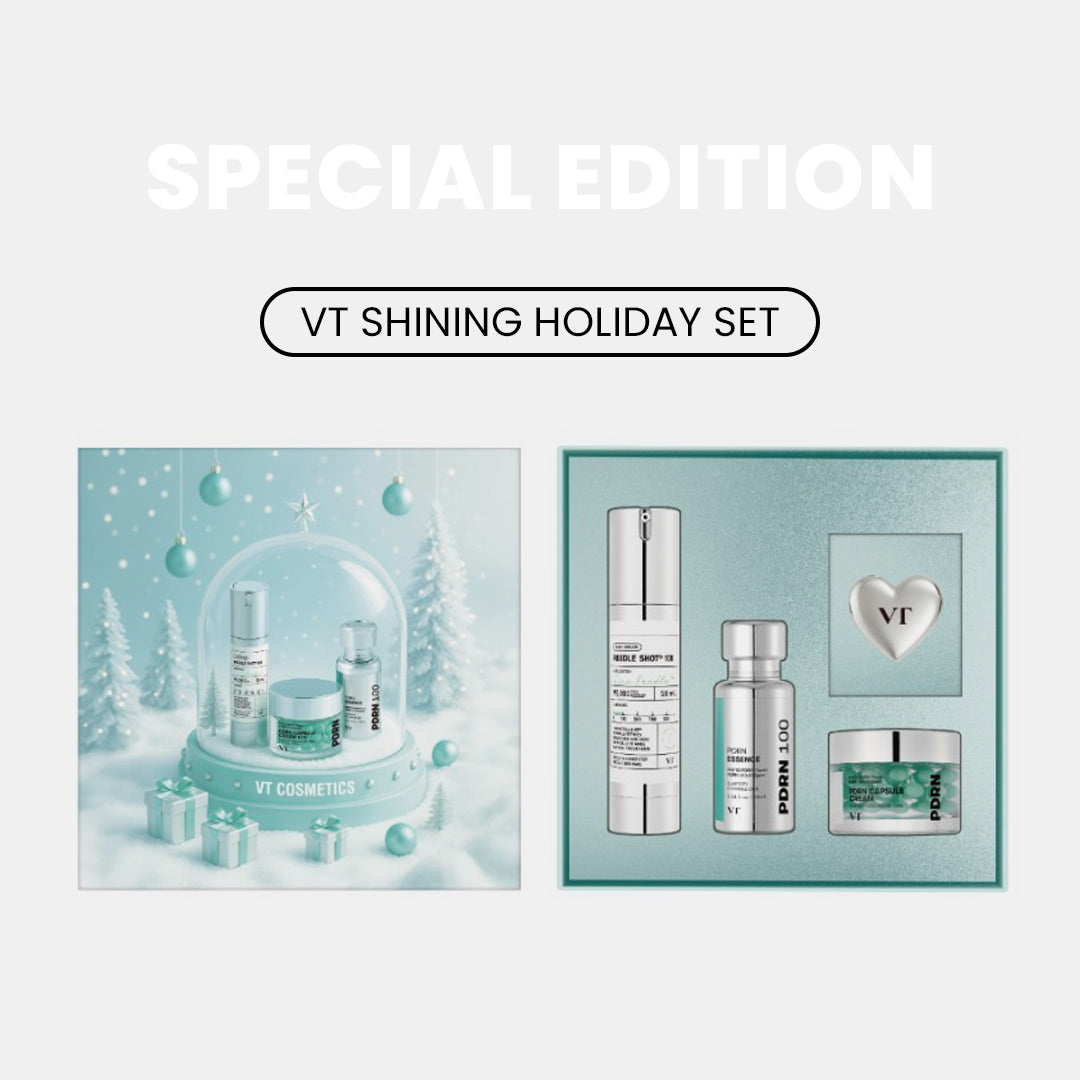 VT Cosmetics holiday set with skincare products on a light blue background VT Shining Holiday Set asian authentic genuine original korean skincare montreal toronto calgary canada thekshop thekshop.ca natural organic vegan cruelty-free cosmetics kbeauty vancouver free shipping clean beauty routine skin makeup kpop stayz stan fandom photocard stray kids treasure ateez atiny dix30 brossard ddo royal mount st-bruno new store