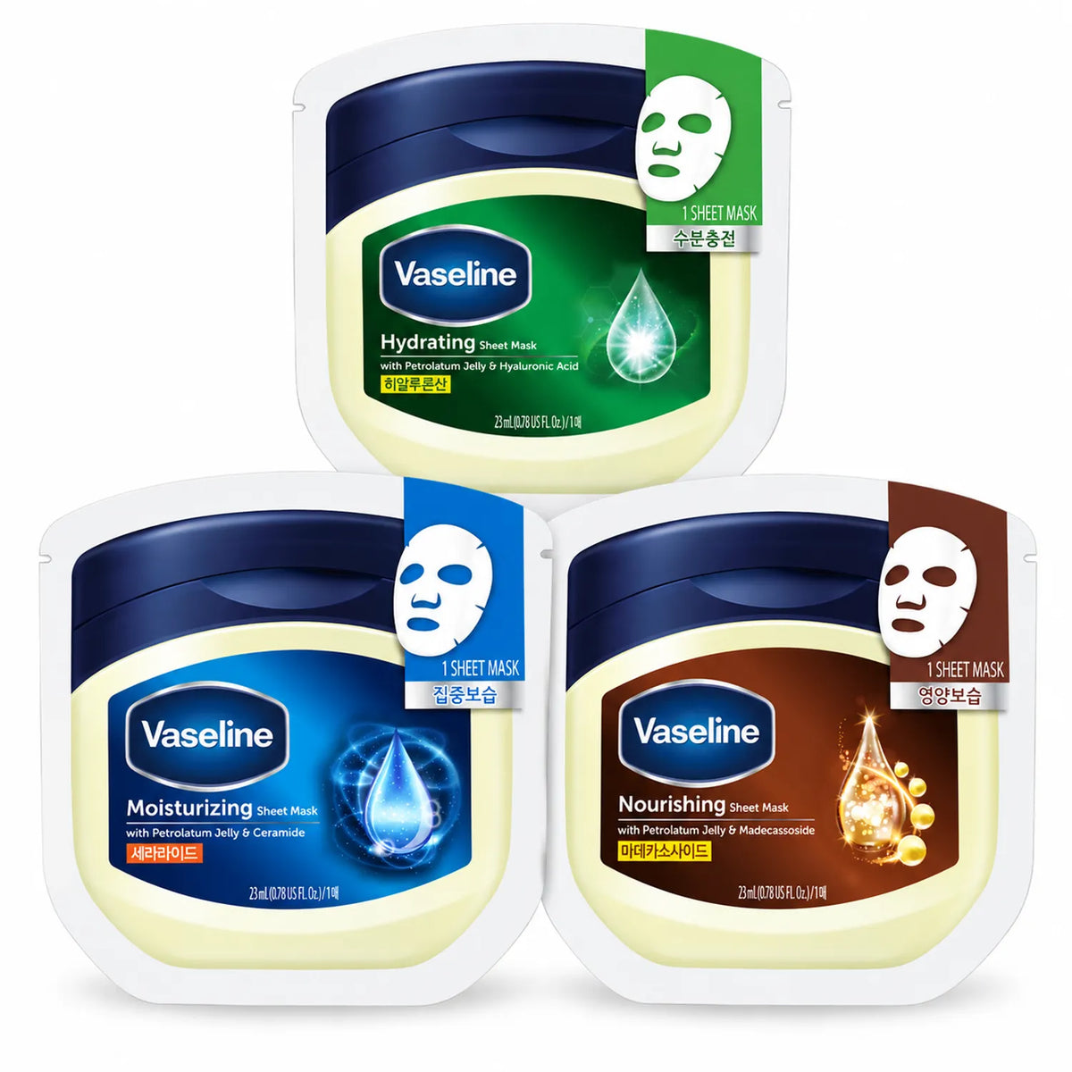 Vaseline Korean Sheet Mask – Moisturizing, Hydrating and Nourishing 3 options Moisturizing (Blue): Vaseline Moisturizing Sheet Mask Korea – blue ceramide face mask for dry skin Hydrating (Green): Vaseline Hydrating Sheet Mask Korea – green hyaluronic acid mask for dehydrated skin Nourishing (Brown): Vaseline Nourishing Sheet Mask Korea – brown madecassoside mask for dry and stressed skin