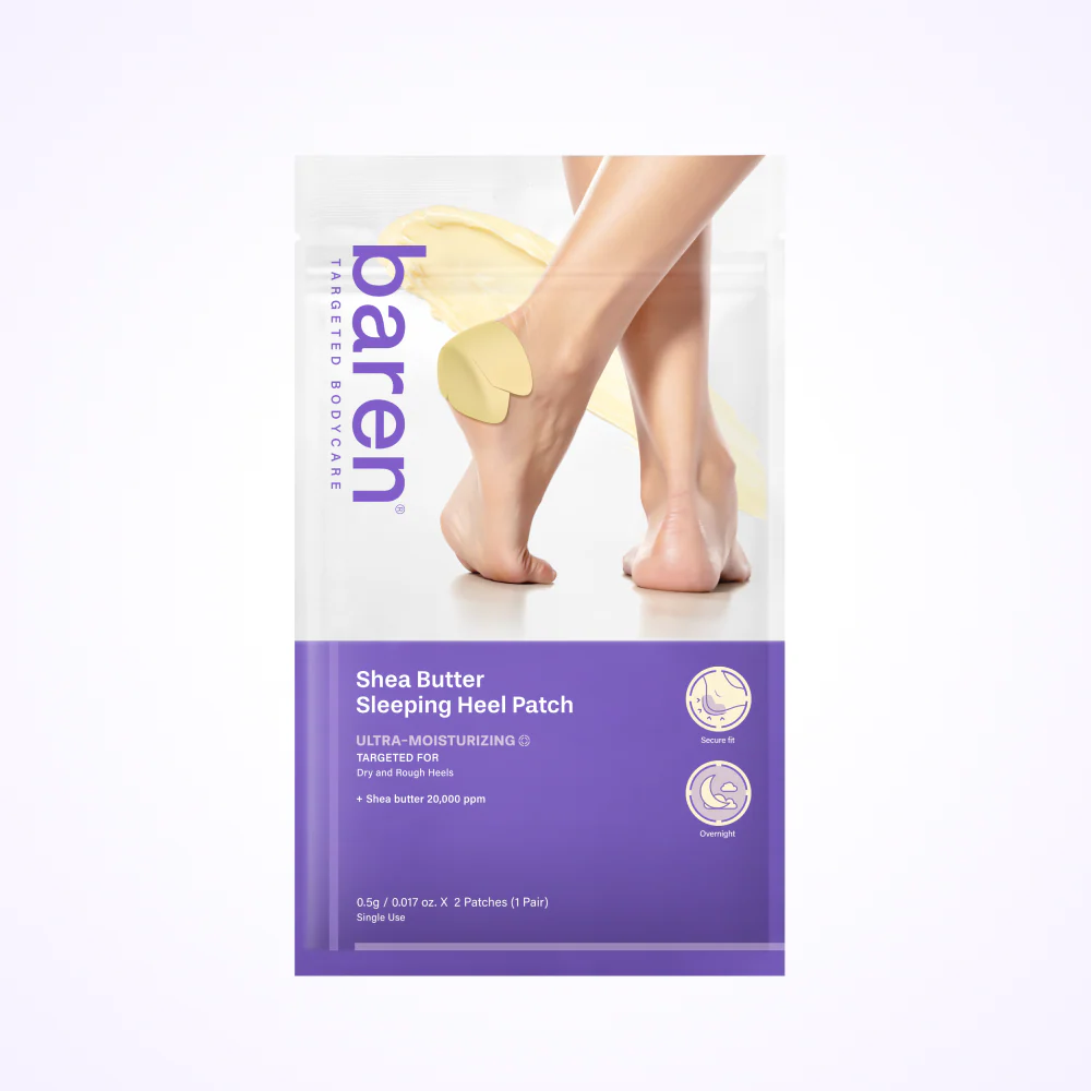 Baren Shea Butter Sleeping Heel Patch packaging with a person wearing the patch on a white background baren Shea Butter Sleeping Heel Patch 10 pcs asian authentic genuine original korean skincare montreal toronto calgary canada thekshop thekshop.ca natural organic vegan cruelty-free cosmetics kbeauty vancouver free shipping clean beauty routine skin makeup kpop stayz stan fandom photocard stray kids treasure ateez atiny dix30 brossard ddo royal mount st-bruno new store
