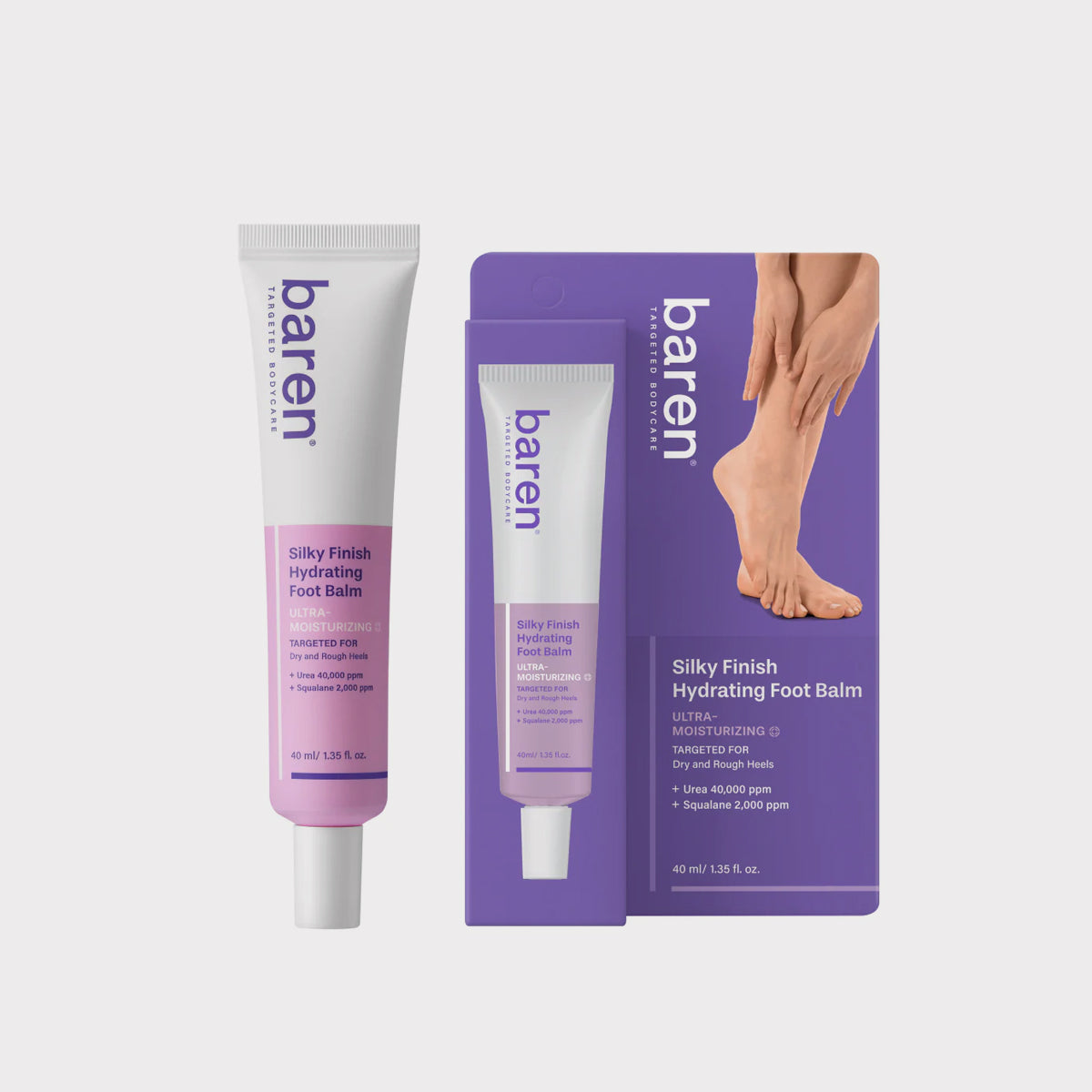 baren Silky Finish Hydrating Foot Balm 40ml is a Korean, non-greasy, and fast-absorbing heel balm designed to hydrate and smooth dry, cracked feet with a powdery scent. It features urea, shea butter, and honey extract to soften calluses and deeply moisturize dry skin, making it suitable for daily use without leaving a sticky residue.&nbsp;