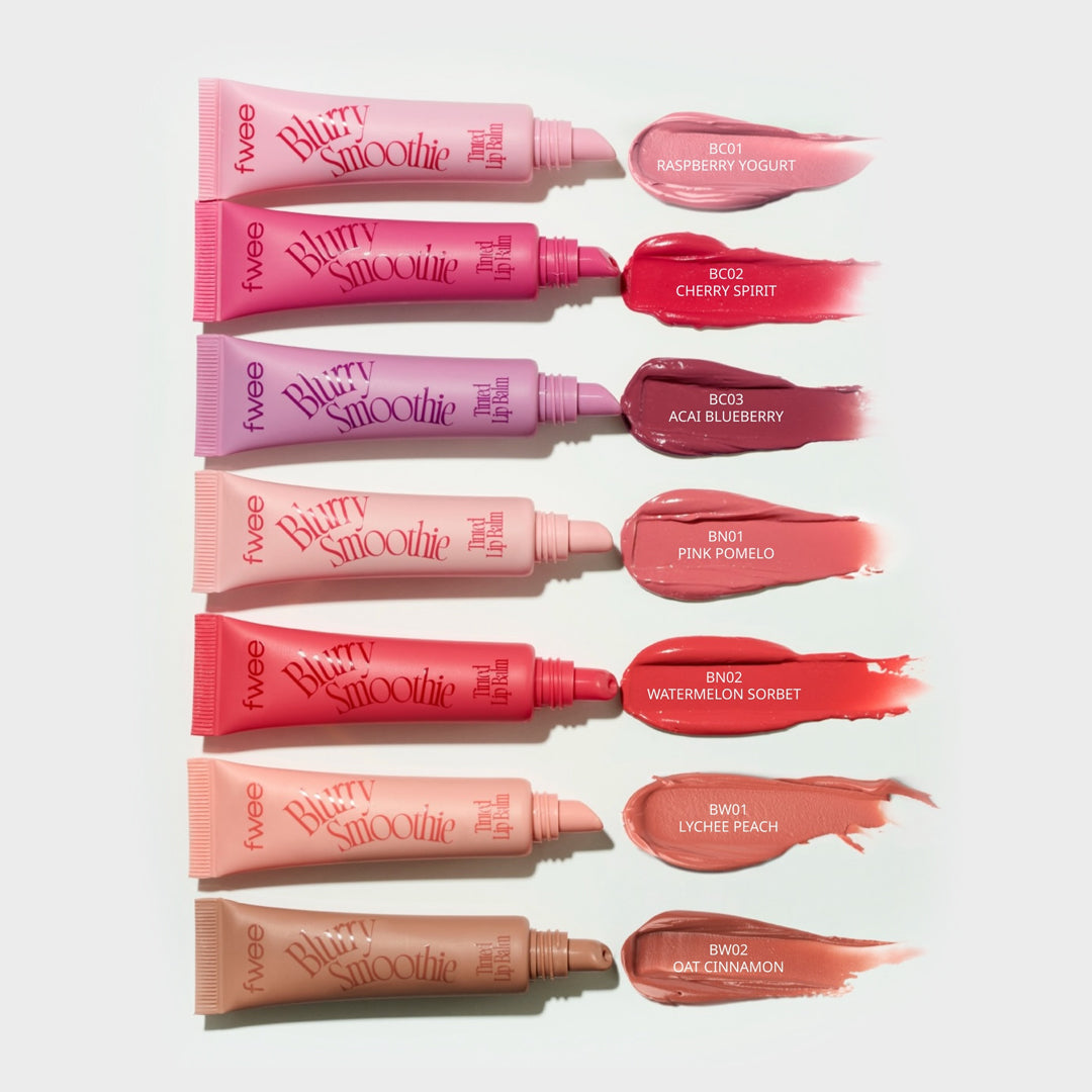 fwee Blurry Smoothie Tinted Lip Balm all color swatches Korean lip tint for softly blurred, creamy-matte look