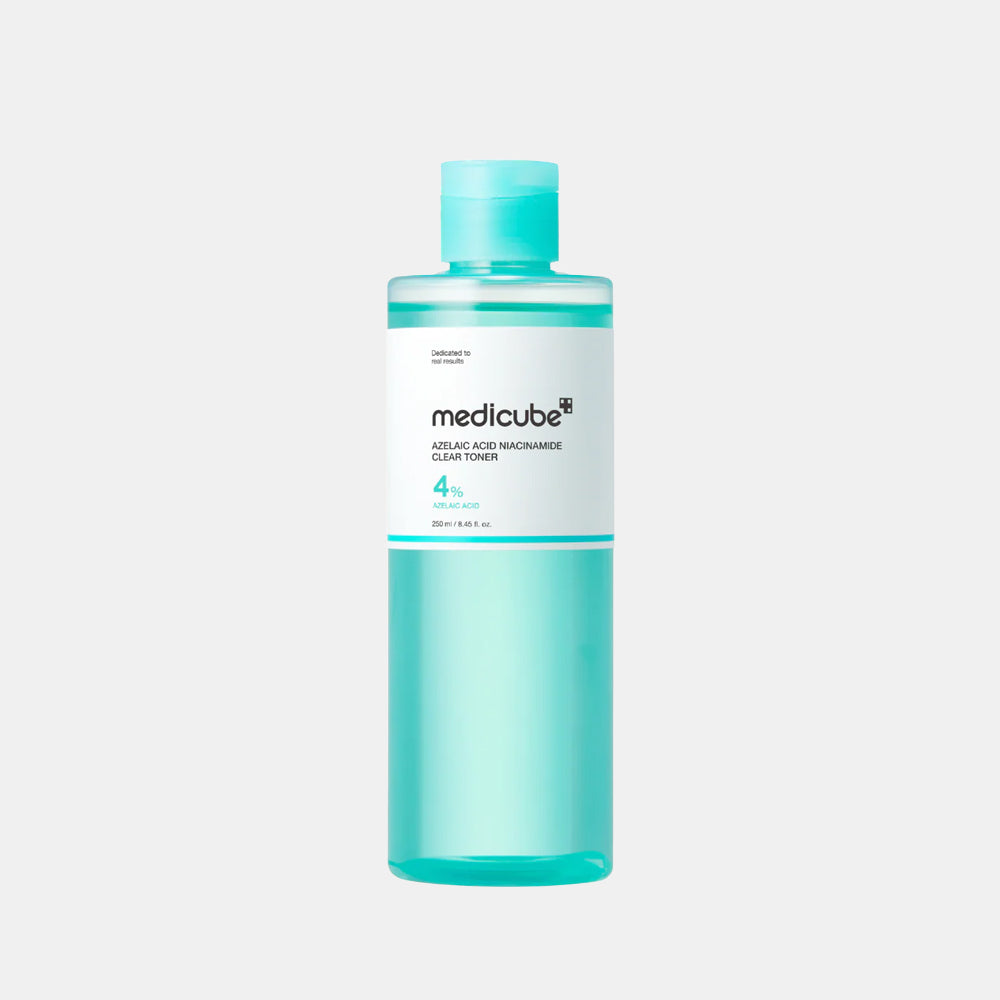 Medicube Azelaic Acid Niacinamide Clear Toner 250mL is a daily Korean clarifying toner designed to soothe redness, control excess oil, and improve skin texture. It features a clinically balanced formula of 4% Azelaic Acid and 2% Niacinamide to target troubled skin with minimal irritation. 