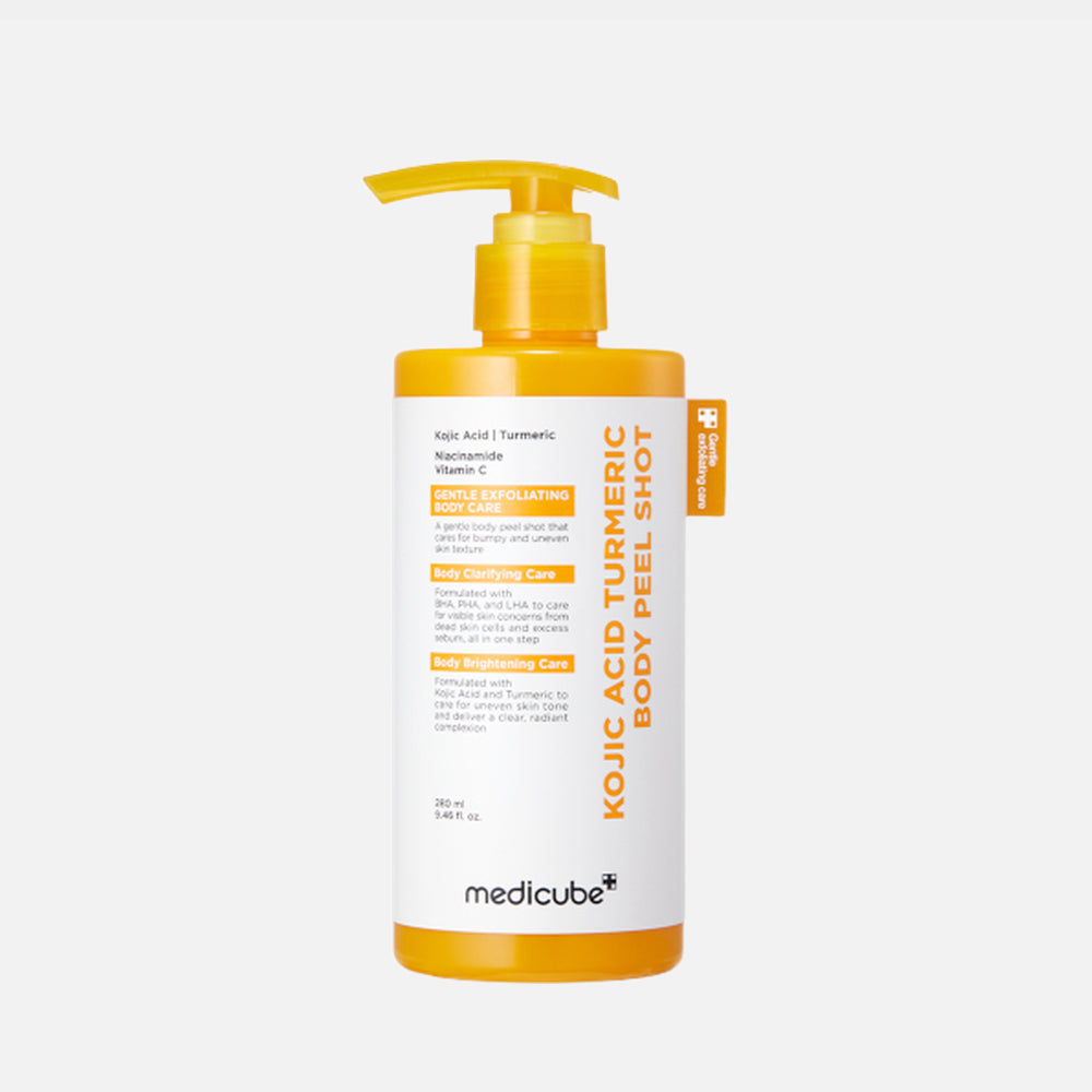  Medicube Kojic Acid Turmeric Body Peel Shot 280ml is a Korean gommage-style body exfoliator designed to brighten and smooth dull, rough skin. It specifically targets uneven tone and hyperpigmentation in areas like the knees, elbows, and underarms.