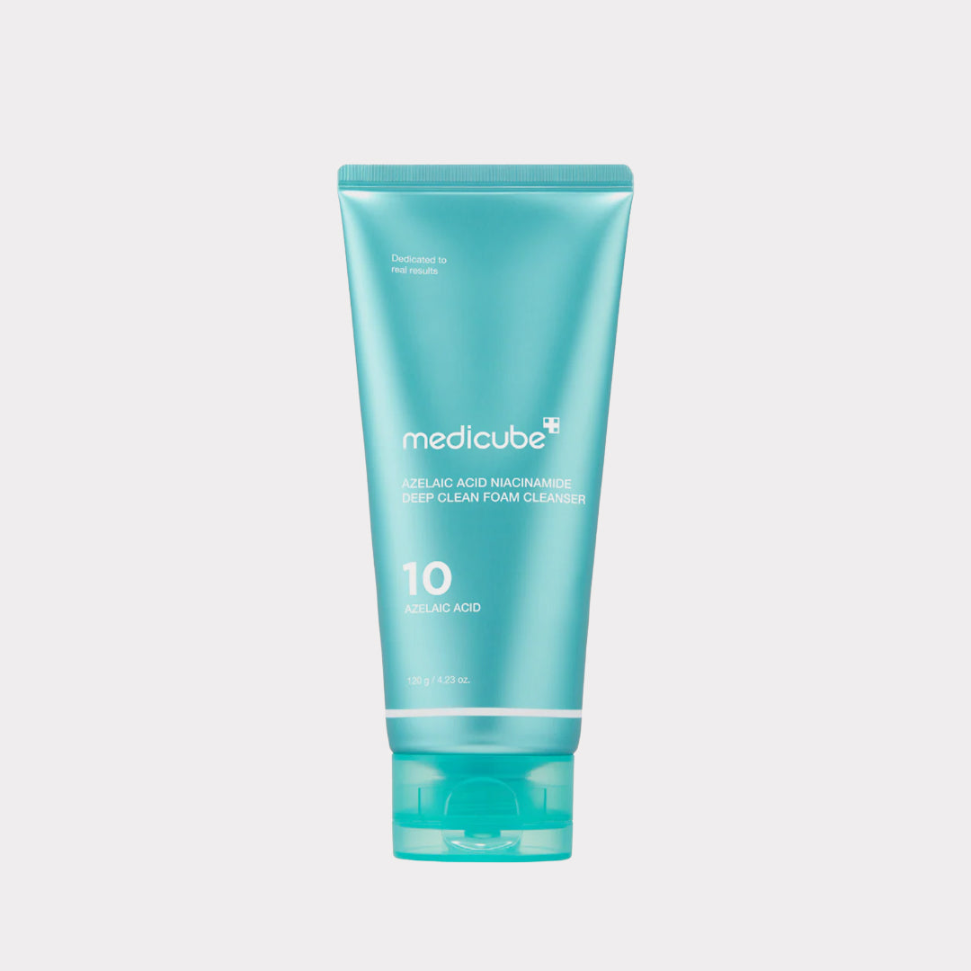 Turquoise tube of Medicube cleanser on a light gray background medicube Azelaic Acid Niacinamide Deep Clean Foam Cleanser asian authentic genuine original korean skincare montreal toronto calgary canada thekshop thekshop.ca natural organic vegan cruelty-free cosmetics kbeauty vancouver free shipping clean beauty routine skin makeup kpop stayz stan fandom photocard stray kids treasure ateez atiny dix30 brossard ddo royal mount st-bruno new store