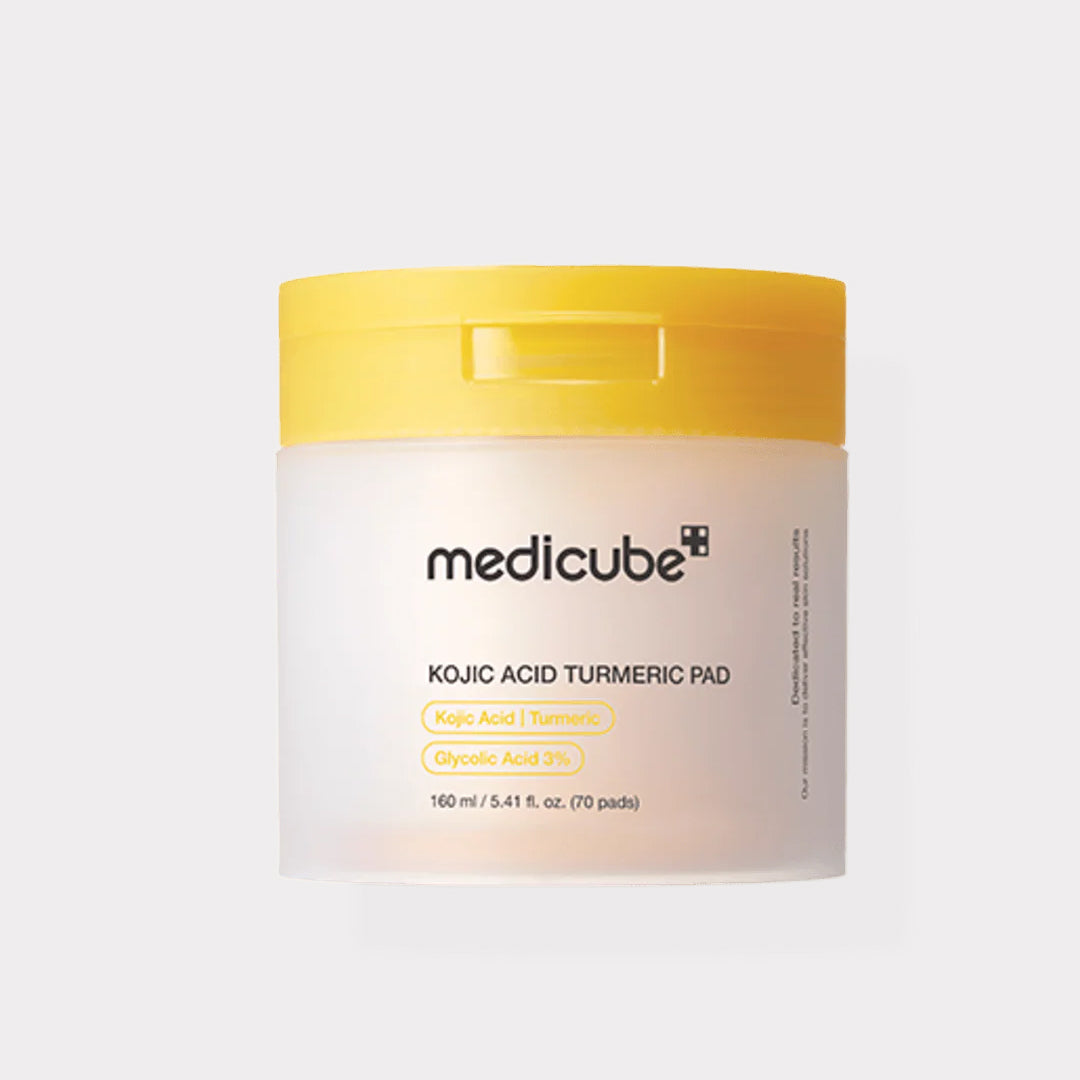 Medicube Kojic Acid Turmeric Pad container with yellow lid on a white background asian authentic genuine original korean skincare montreal toronto calgary canada thekshop thekshop.ca natural organic vegan cruelty-free cosmetics kbeauty vancouver free shipping clean beauty routine skin makeup kpop stayz stan fandom photocard stray kids treasure ateez atiny dix30 brossard ddo royal mount st-bruno new store
