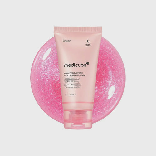 medicube PDRN Pink Caffeine Night Wrapping Mask a Korean peel-off shimmering pink–pearl overnight "glass skin" sleeping mask designed to firm, depuff, and brighten skin