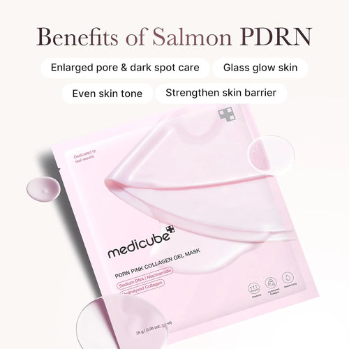 medicube PDRN Pink Collagen Gel Mask a premium Korean skincare treatment designed to enhance skin elasticity, deeply hydrate, and boost radiance using Salmon PDRN and low-molecular collagen.