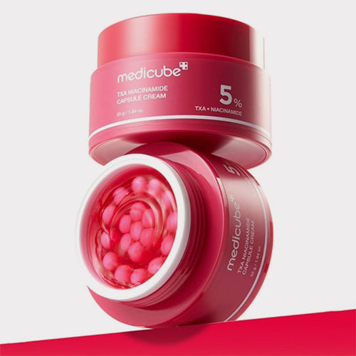 medicube TXA Niacinamide Capsule Cream dual-texture Korean moisturizer designed to fade dark spots and brighten skin using 99% pure Tranexamic Acid and 5% Niacinamide suitable for sensitive skin