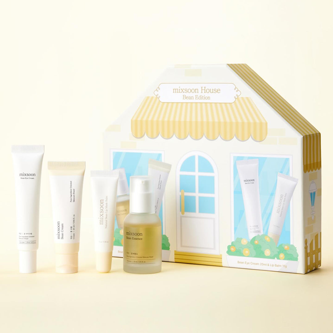 Skincare product set with a house-shaped packaging box on a light background mixsoon House Holiday Bean Edition Set asian authentic genuine original korean skincare montreal toronto calgary canada thekshop thekshop.ca natural organic vegan cruelty-free cosmetics kbeauty vancouver free shipping clean beauty routine skin makeup kpop stayz stan fandom photocard stray kids treasure ateez atiny dix30 brossard ddo royal mount st-bruno new store