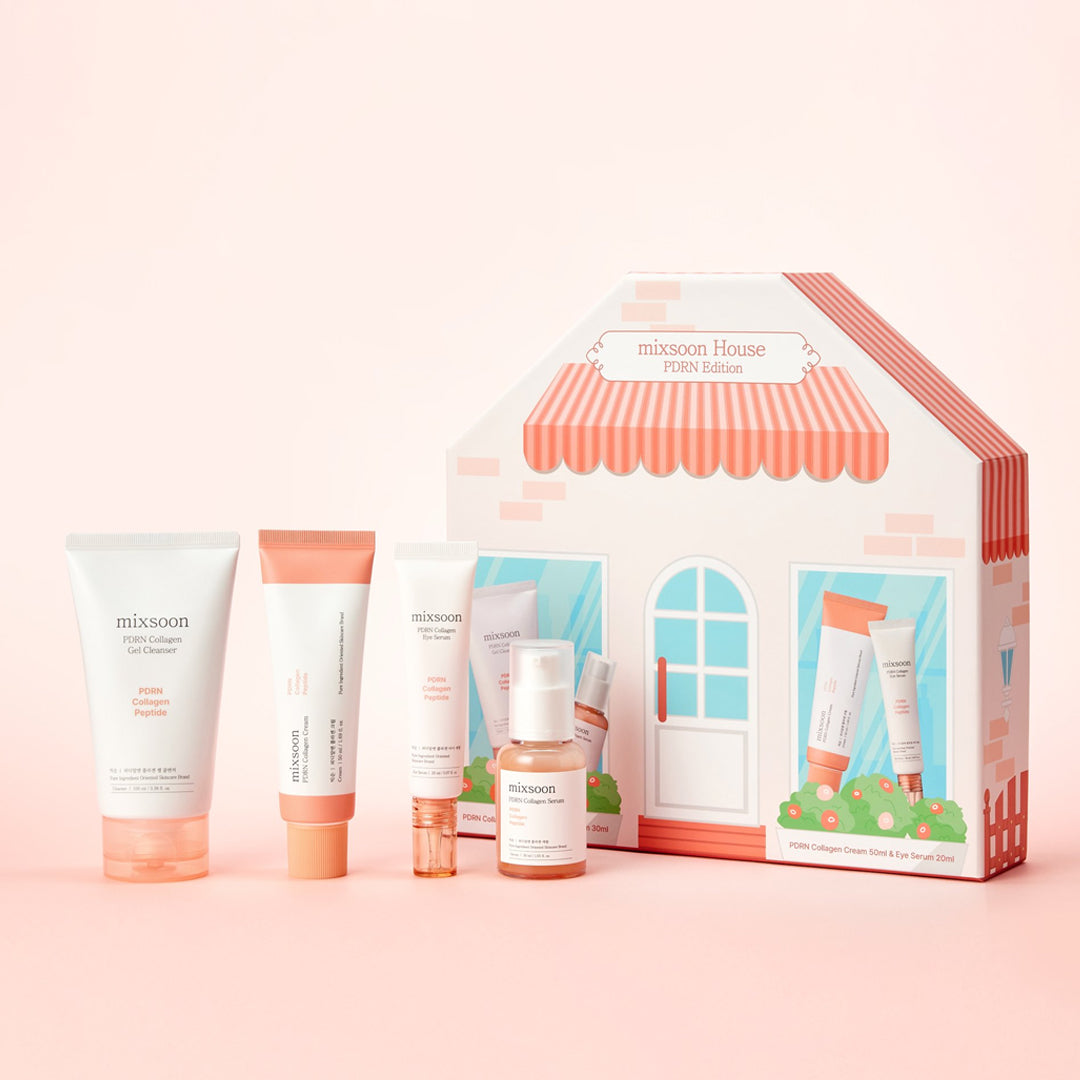 Skincare product set with a house-shaped packaging on a pink background asian authentic genuine original korean skincare montreal toronto calgary canada thekshop thekshop.ca natural organic vegan cruelty-free cosmetics kbeauty vancouver free shipping clean beauty routine skin makeup kpop stayz stan fandom photocard stray kids treasure ateez atiny dix30 brossard ddo royal mount st-bruno new store mixsoon Holiday House PDRN Edition Set