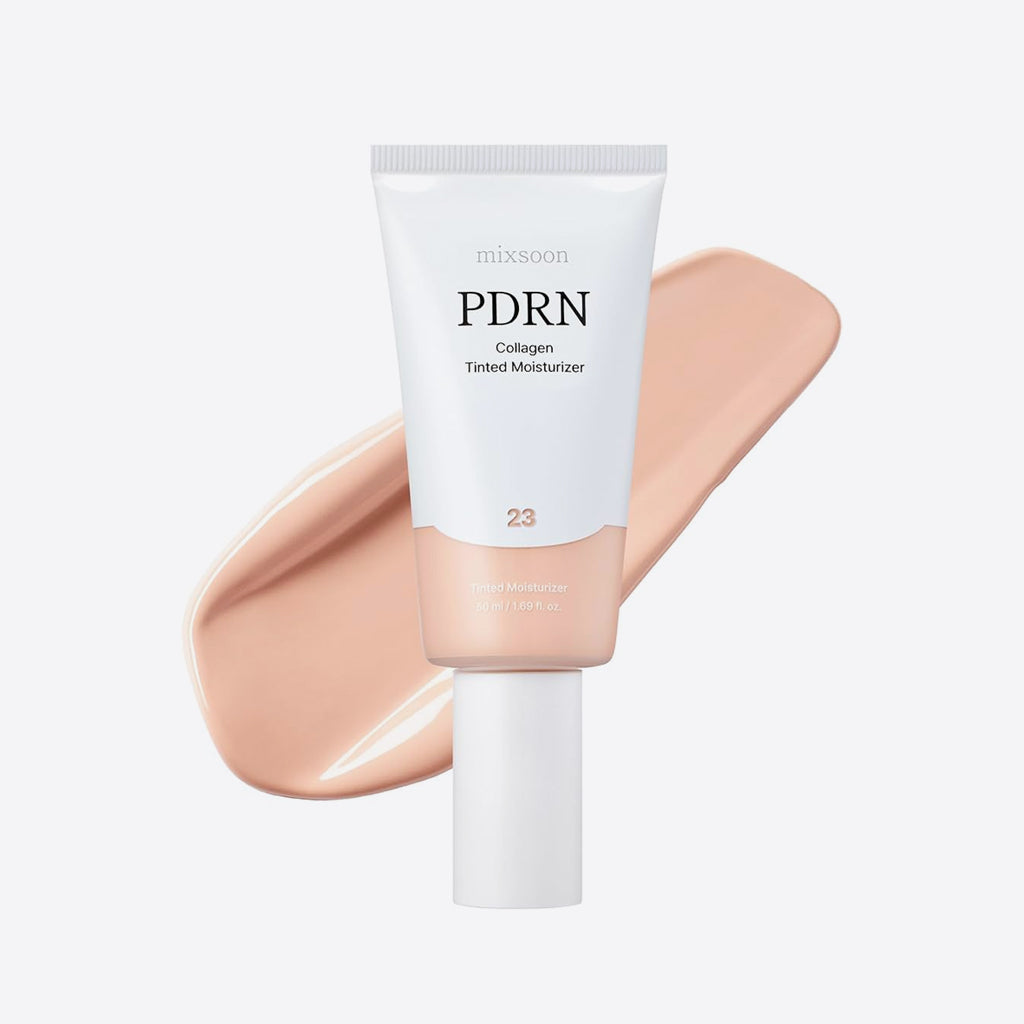 mixsoon PDRN Collagen Tinted Moisturizer 23 Aura Korean hybrid skincare-makeup base that combines lightweight, dewy coverage with active skincare ingredients.