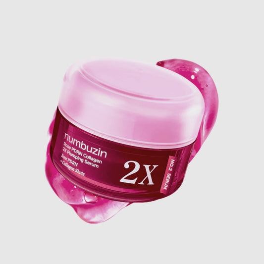 Pink skincare serum jar with '2X' on a light gray background numbuzin No.2 Rose PDRN Collagen 2X Plumping Serum  asian authentic genuine original korean skincare montreal toronto calgary canada thekshop thekshop.ca natural organic vegan cruelty-free cosmetics kbeauty vancouver free shipping clean beauty routine skin makeup kpop stayz stan fandom photocard stray kids treasure ateez atiny dix30 brossard ddo royal mount st-bruno new store