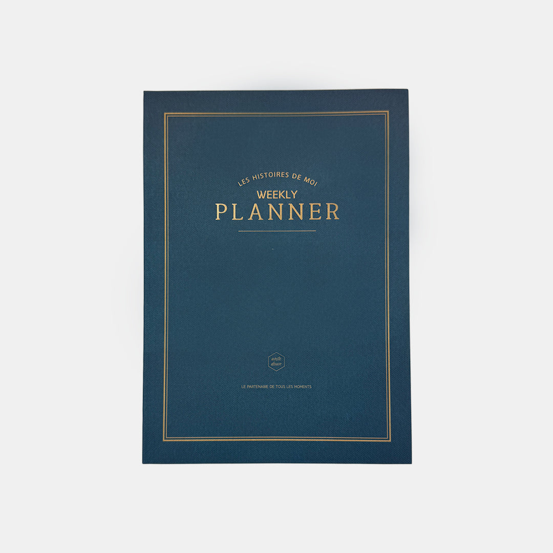 Blue weekly planner with gold text on a white background Basic undated 52-week organizer to do list diary agenda