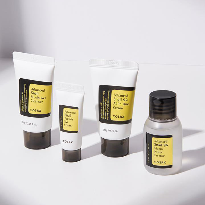 COSRX All About Snail Kit features CORSX bestselling snail products.&nbsp;Known for its hydrating properties, snail mucin also helps with&nbsp;reducing the appearance of dark spots and acne scars.&nbsp;

The&nbsp;kit includes:&nbsp;
COSRX Advanced Snail Mucin Gel Cleanser 20 ml
COSRX Advanced Snail 96 Mucin Power Essence 30 ml
COSRX Advanced Snail Peptide Eye Cream 5 ml
COSRX Advanced Snail 92 All In One Cream 20 g&nbsp;