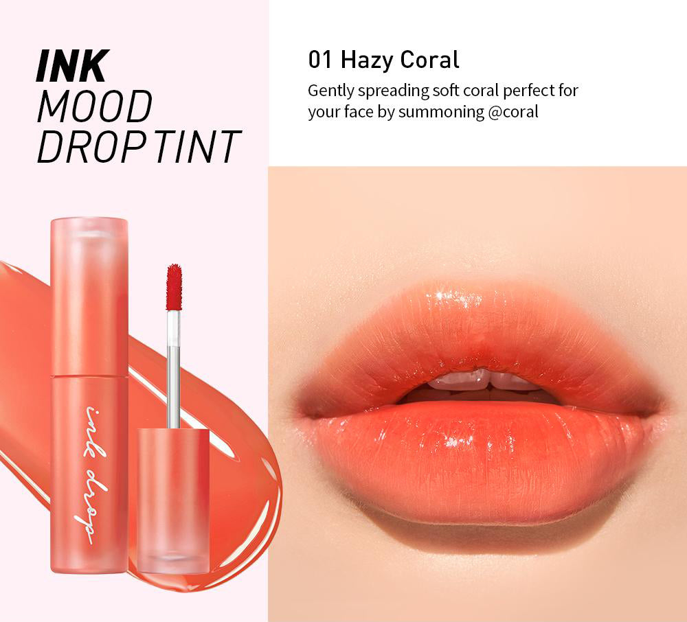 Peripera Ink Mood Drop Tint #01 Hazy Coral #02 Supple Pink #03 Sugar Red #04 Goji Berry #05 Tanned Red #06 Cherry Fizz #07 Papaya Coral #08 Misty Beige asian authentic genuine original korean skincare montreal toronto canada thekshop thekshop.ca natural organic vegan cruelty-free cosmetics kbeauty vancouver free shipping 