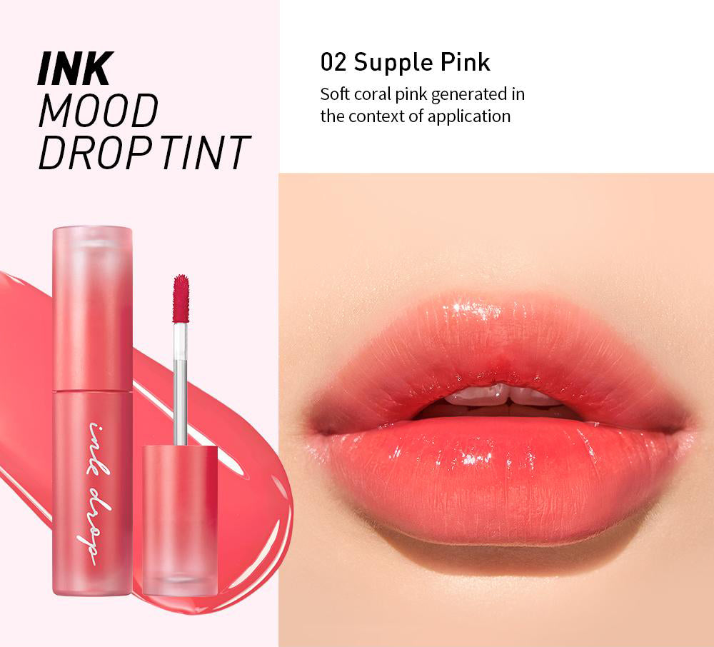 Peripera Ink Mood Drop Tint #01 Hazy Coral #02 Supple Pink #03 Sugar Red #04 Goji Berry #05 Tanned Red #06 Cherry Fizz #07 Papaya Coral #08 Misty Beige asian authentic genuine original korean skincare montreal toronto canada thekshop thekshop.ca natural organic vegan cruelty-free cosmetics kbeauty vancouver free shipping 